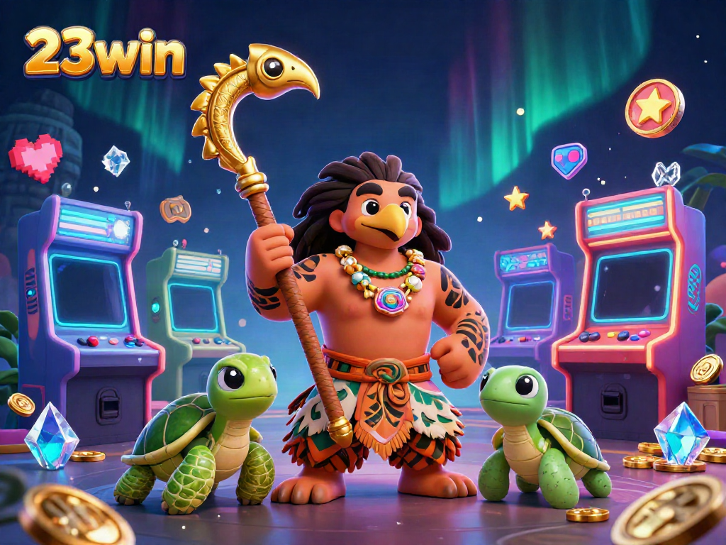 Experience the thrill of 23win with a vibrant 3D casino illustration featuring a Polynesian-style demigod and arcade elements.