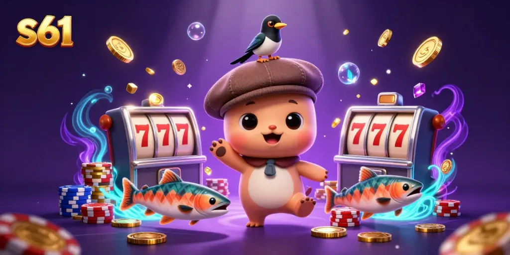 Spin and win with S61's stunning slot offerings featuring vibrant characters and dazzling coins.