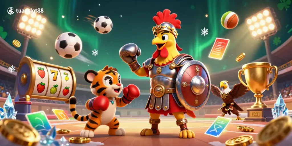 Slot bermain yang menarik di tuanslot88 dengan ayam gladiator dan simbol jackpot.