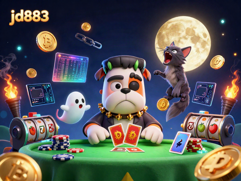 Engage with jd883 gaming action, featuring a Frankenstein bulldog dealing cards amidst neon currency and jackpot elements.
