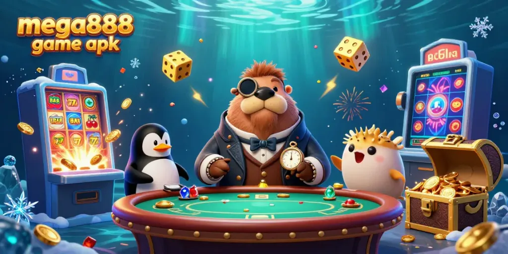 Enjoy the mega888 game apk in an underwater casino scene with vibrant characters and elements