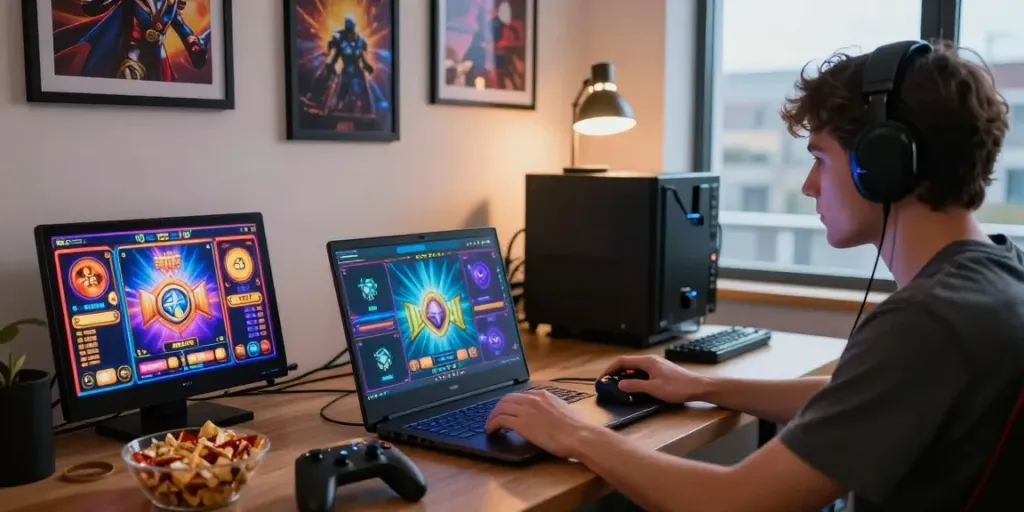 Player focused on an exciting slot online game at a modern desk setup.