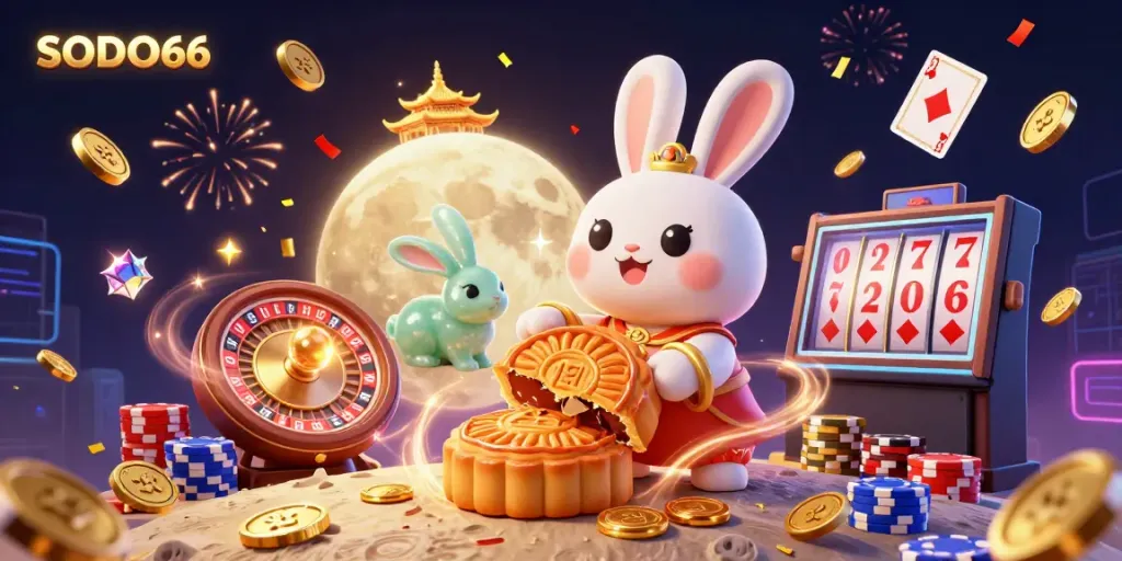 Experience exciting gameplay at SODO66 with a vibrant casino scene filled with winning combinations and festive elements.