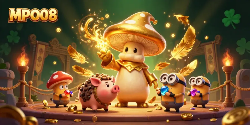 MPO08 presents an engaging 3D casino scene with a magical mushroom wizard and treasure-filled atmosphere.