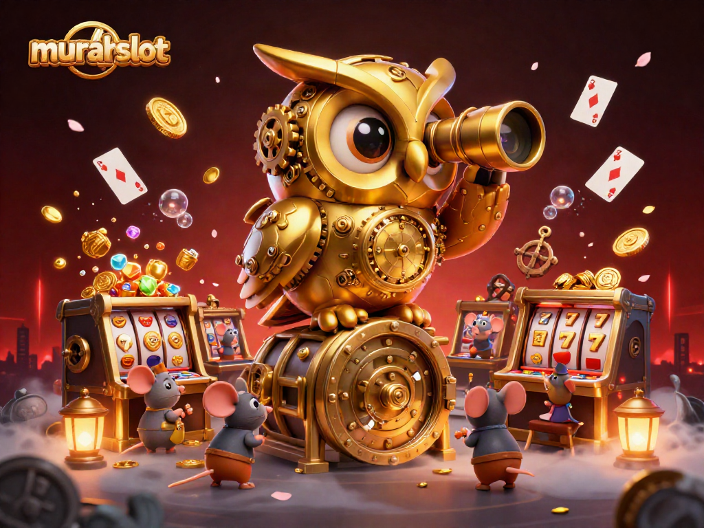 Menangkan jackpot di murahslot dengan ilustrasi kasino yang dipenuhi mesin slot dan elemen magis.
