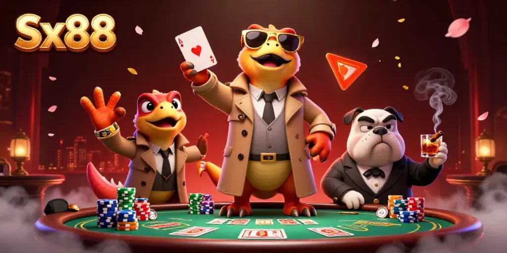 Place bets with Sx88 while raptors and a bulldog bouncer create a humorous casino scene.