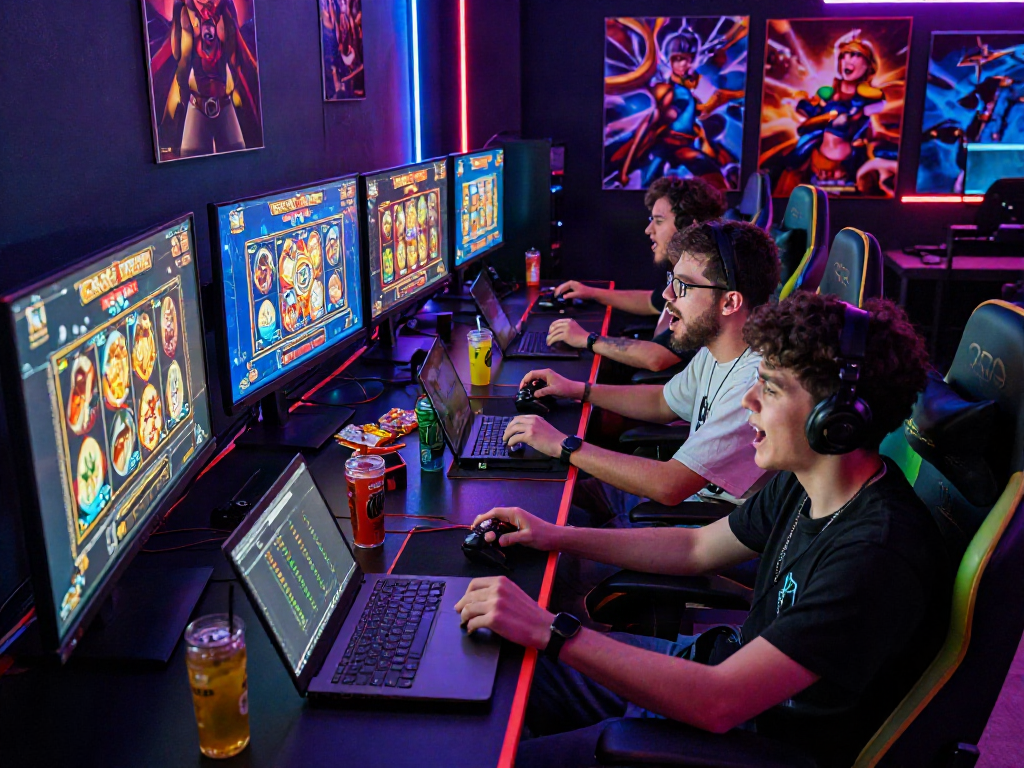 Friends enjoying exciting slot gacor games on a high-tech gaming setup, showcasing colorful graphics and engaging expressions.