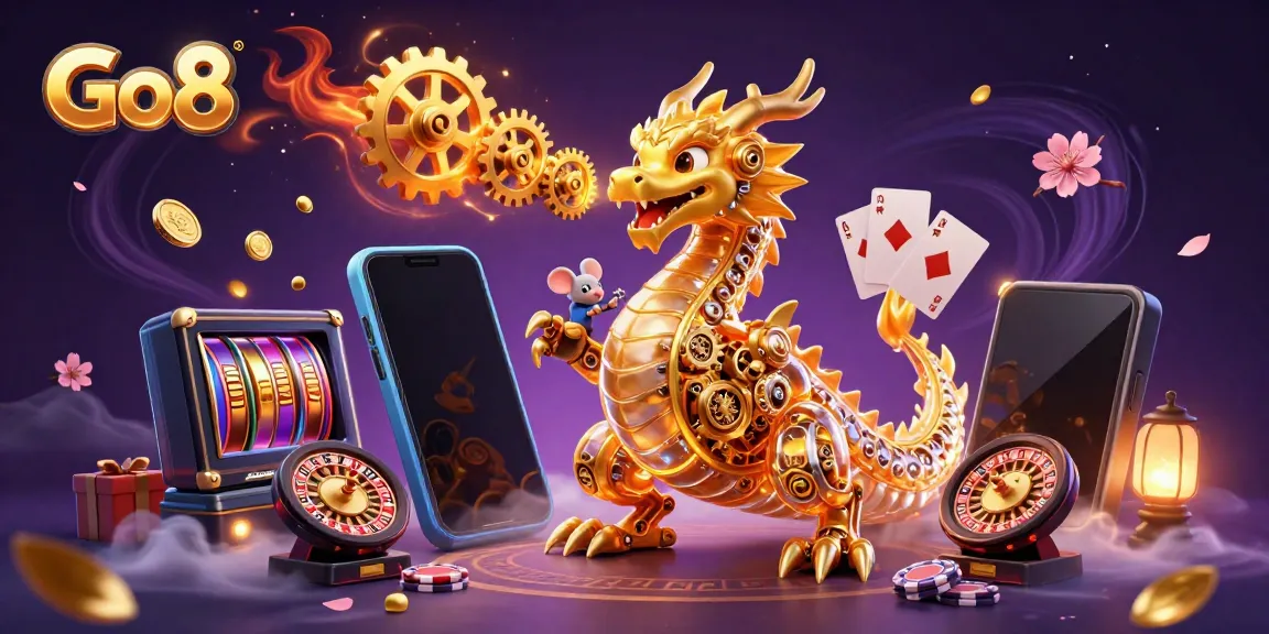 Experience the thrill of Go8 in this vibrant 3D illustration showcasing a golden dragon and exciting casino elements.