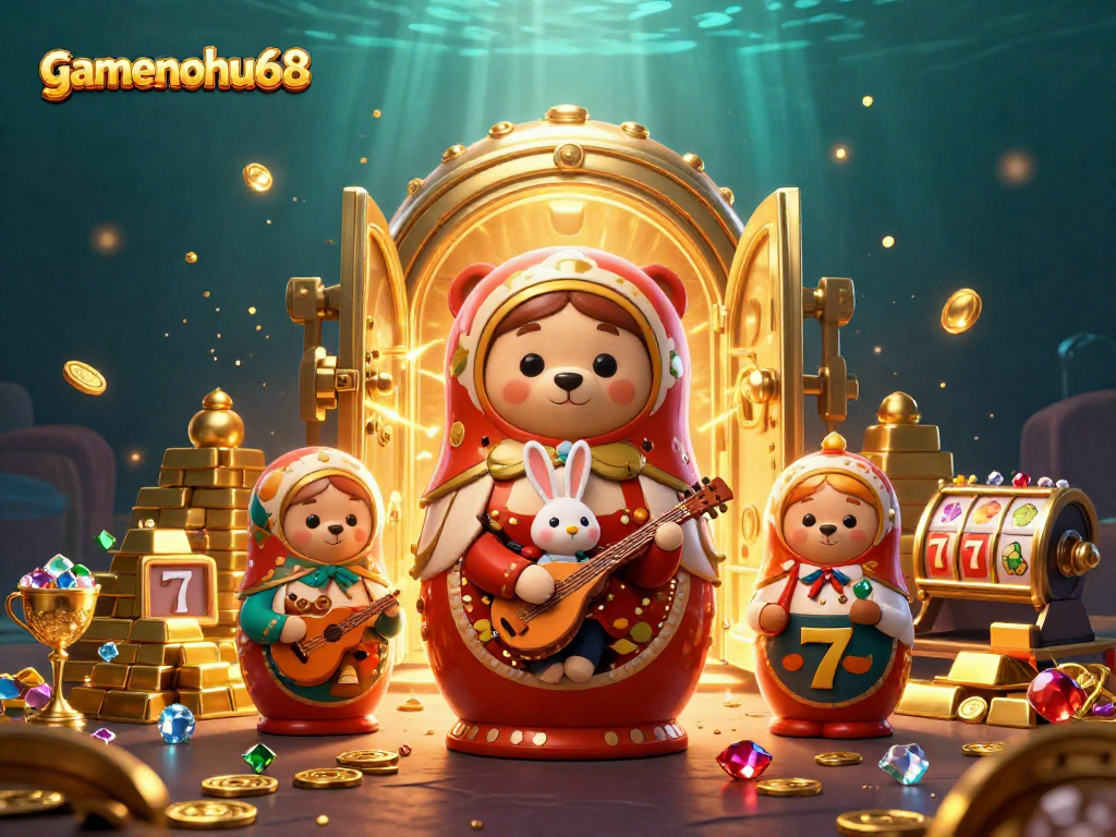 Experience gamenohu68 with a vibrant 3D casino scene featuring colorful characters and slot elements.