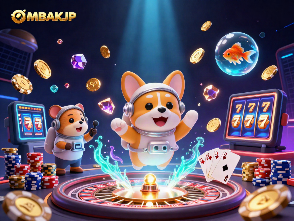 Watch the OMBAKJP slots come alive with vibrant gaming action and dynamic characters in a thrilling casino scene.