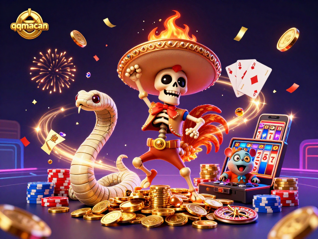 Engage with qqmacan's vibrant 3D casino scene featuring a mariachi rooster and golden coins.