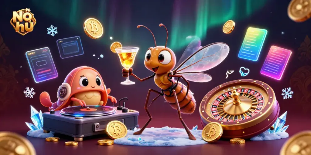Nổ hũ casino mascot frozen-in-amber mosquito holding a gold cocktail with trilobite DJ.