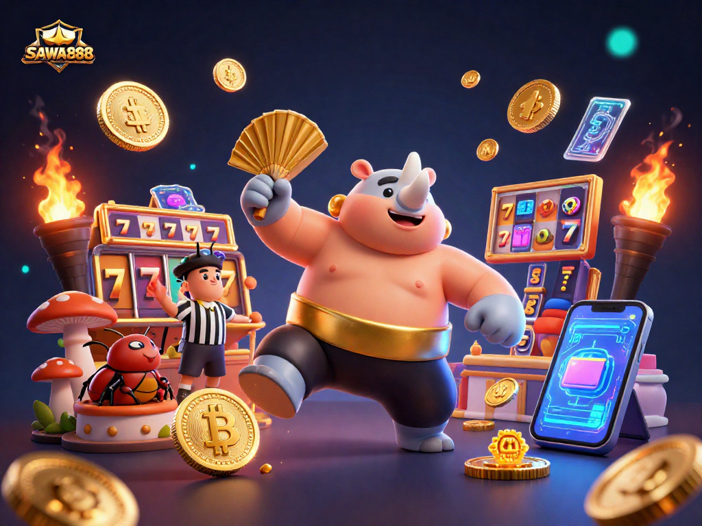 SAWA888 champions exciting slots gameplay with vibrant characters and rich casino elements