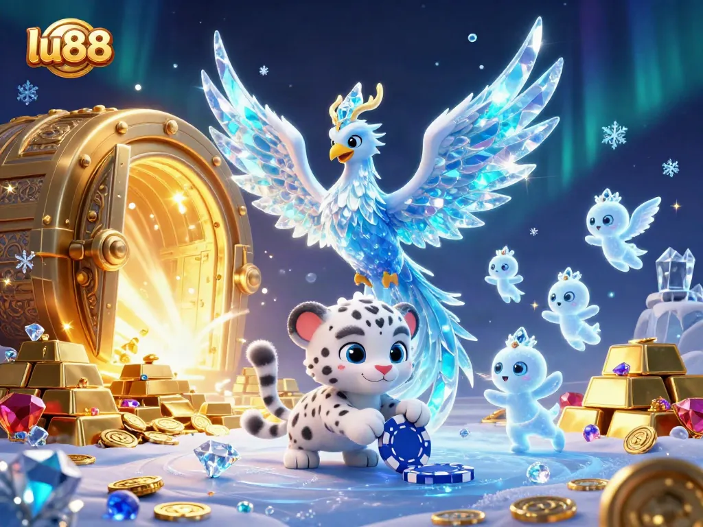 Experience thrilling gaming excitement at lu88 with a dazzling ice phoenix amidst treasures.