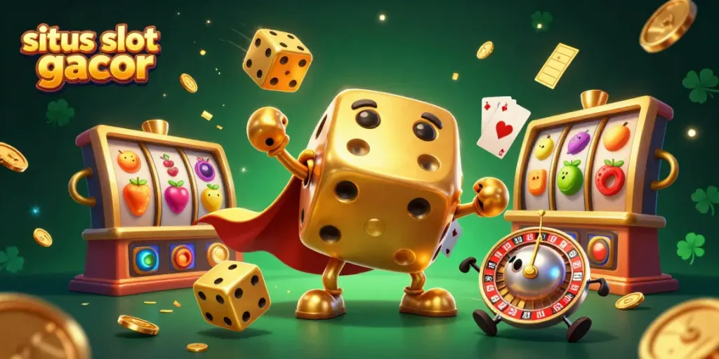 Situs slot gacor menyediakan jackpot dengan simbol buah bertaburan di sekitar gulungan slot yang berputar.