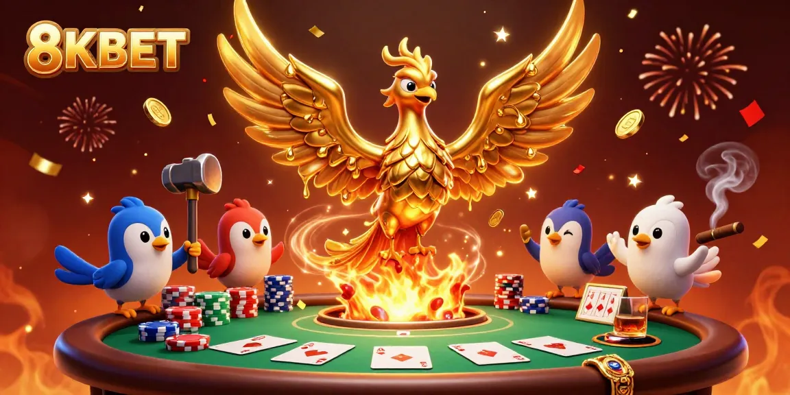 Engage with immersive gameplay at 8KBET, witnessing a phoenix of gold manifesting in a vibrant casino scene.