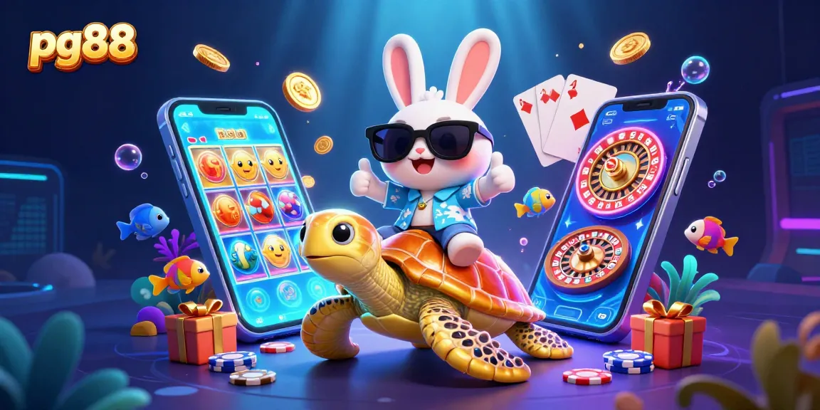 Experience winning moments at pg88 with a lucky rabbit and golden sea turtle surrounded by casino games.