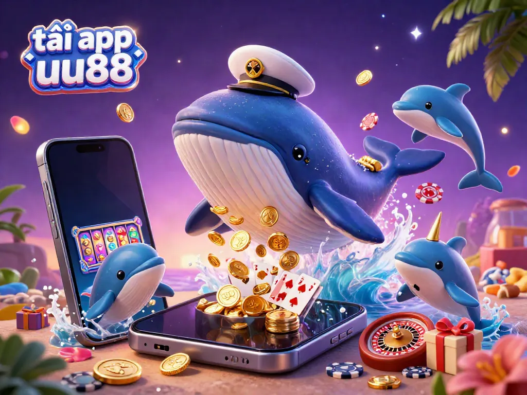Play and win big with tải app uu88 featuring a whale, narwhal, and dolphins among casino elements.
