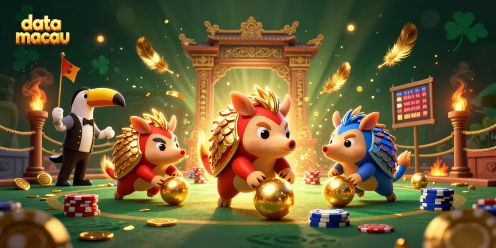 Menampilkan data macau, pangolin bertarung dengan chip poker dan bola emas dalam adegan 3D ceria.
