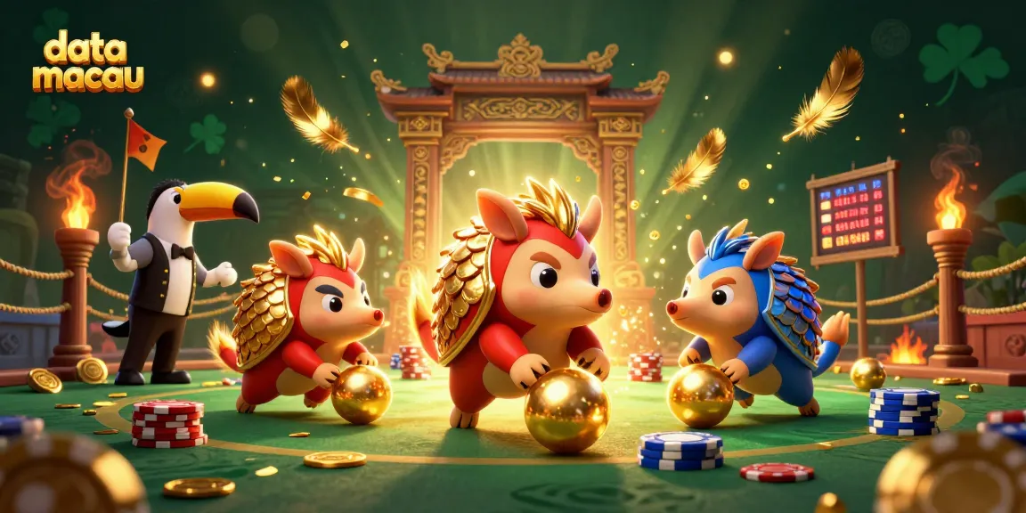 Menampilkan data macau, pangolin bertarung dengan chip poker dan bola emas dalam adegan 3D ceria.