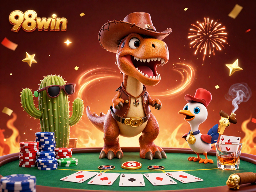 Join the fun at 98win poker with an exciting scene featuring unique characters and vibrant game elements.