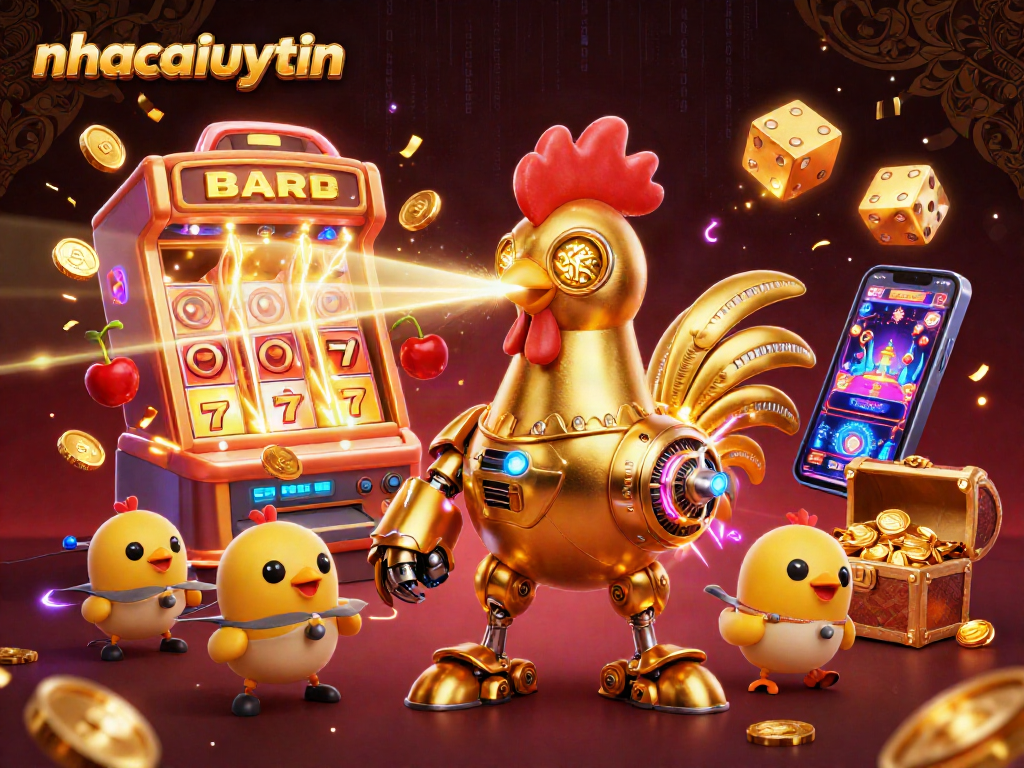 nhacaiuytin showcases a vibrant 3D cartoon scene with a golden rooster robot, slot machine, and baby chick drones.