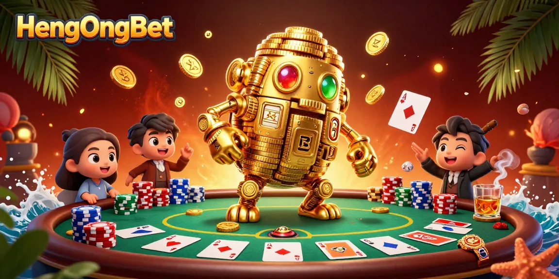 Engage with exciting poker action on HengOngBet, featuring golden golem and card elements.
