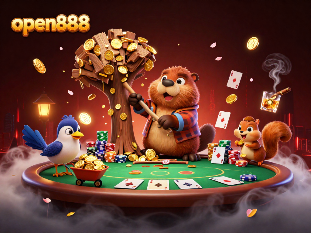 open888 showcases a 3D cartoon beaver surrounded by poker elements collecting golden coins.