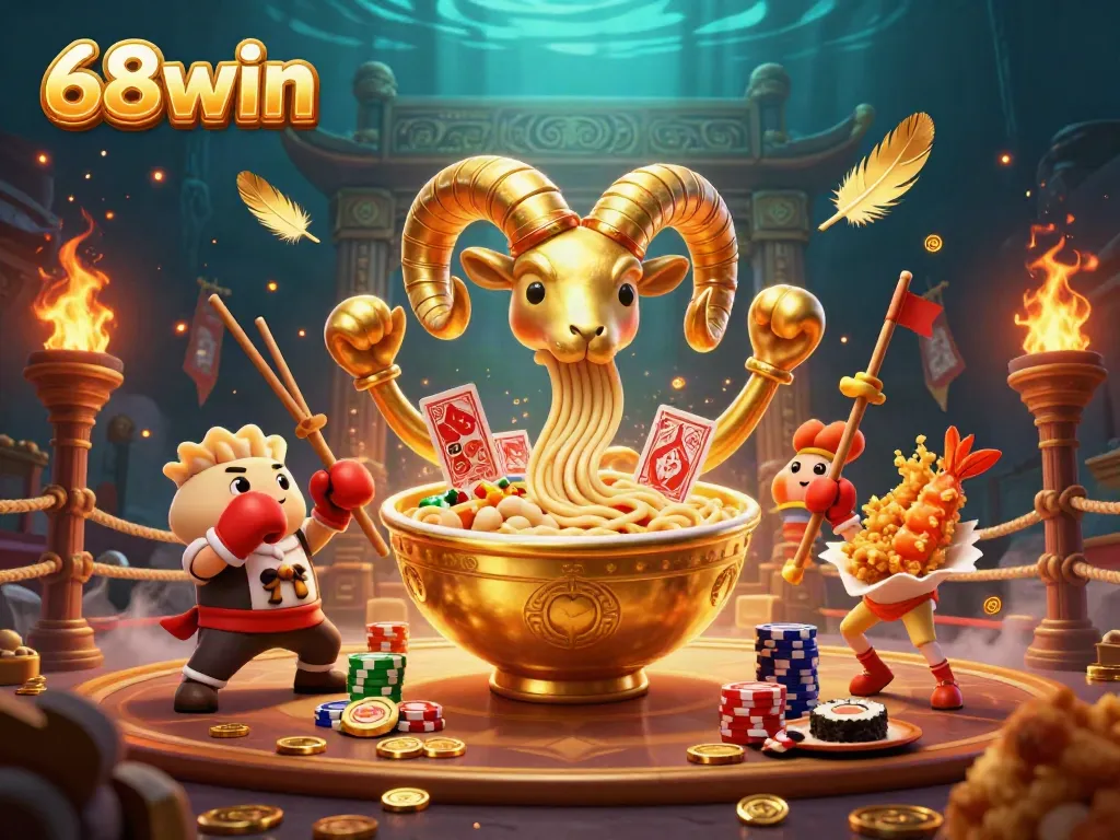 Experience the excitement of 68win with a dynamic scene featuring a golden ramen bowl dealer amidst a vibrant online casino atmosphere.