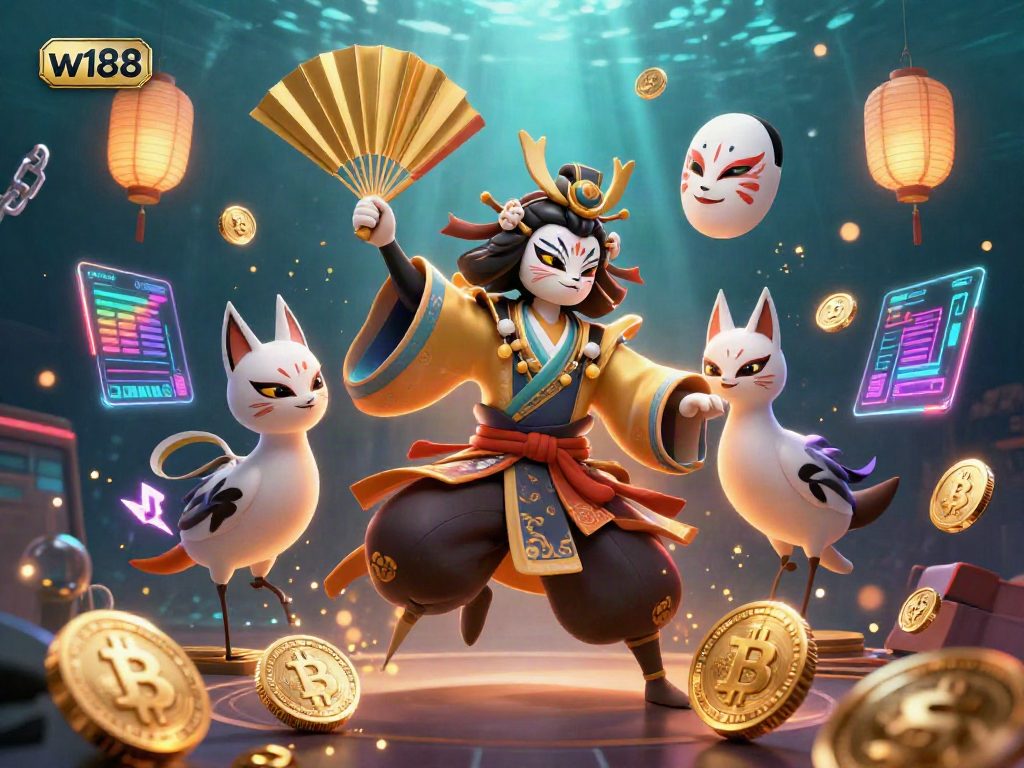 Engage with w188 through an imaginative 3D casino scene showcasing kabuki warrior and kitsune elements.