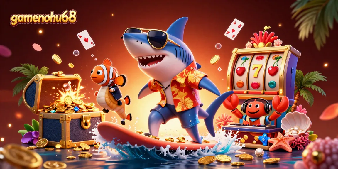 Experience gamenohu68 excitement with a shark surfing in gold coins amidst vibrant casino elements