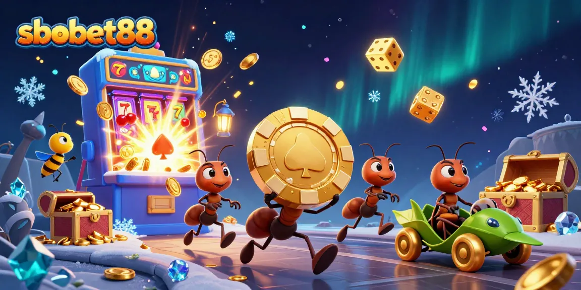 sbobet88 featuring a dynamic scene of cartoon ants in a casino heist with golden poker chips and slot machines