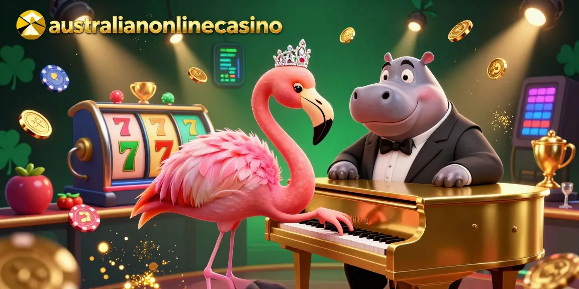 A lively casino scene with an australianonlinecasino theme featuring a singing flamingo and a hippo bassist in a vibrant setting.
