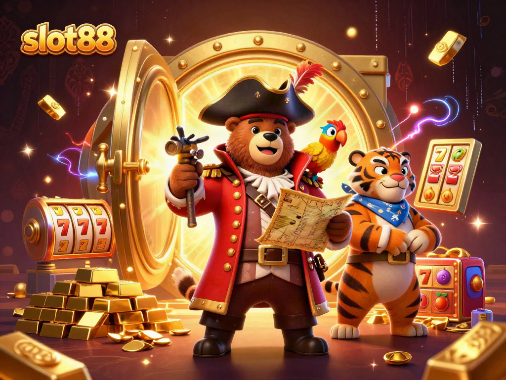 Menangkan jackpot di slot88 dengan kombinasi beruntun simbol keberuntungan dan harta karun yang mengelilingi karakter ceria.