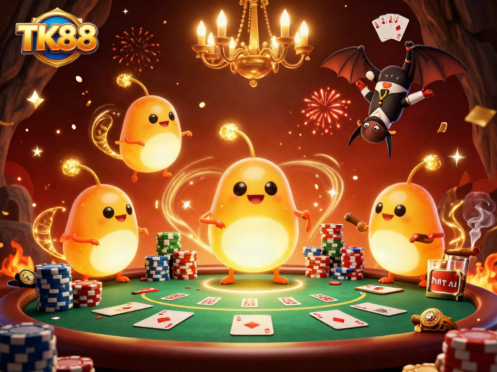 TK88 enhances your poker night with glowing casino elements in a vibrant cave scene.