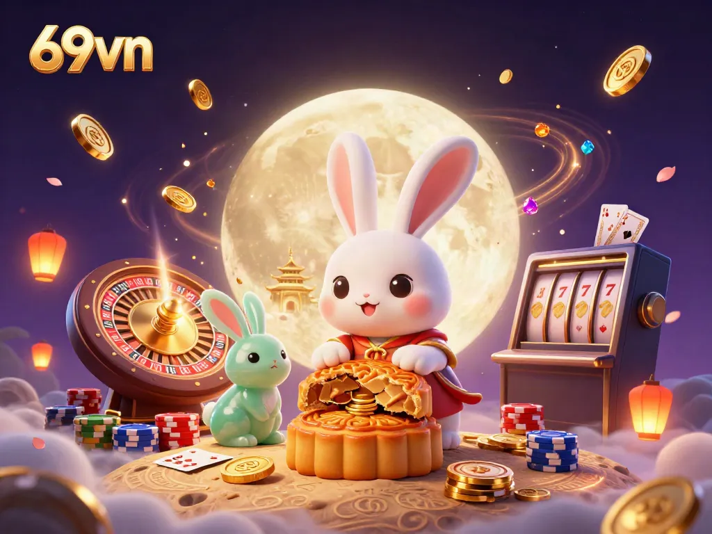 Engage with 69vn's vibrant casino world featuring moon rabbits and dynamic game elements.