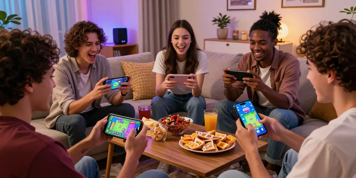 Friends enjoying a lively game session of 3 Patti No1 on mobile devices in a cozy living room, showcasing vibrant graphics and engaging gameplay.
