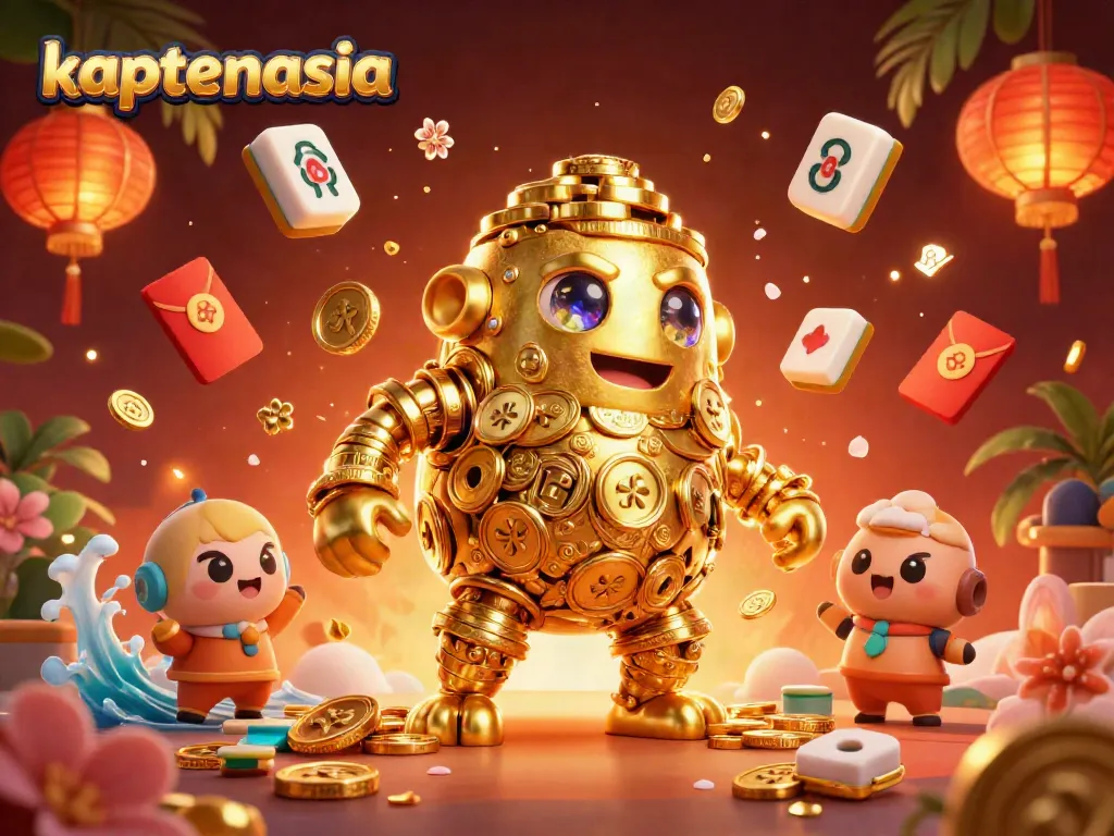 Gambarkan pengalaman bermain di kaptenasia dengan golem emas, simbol mesin slot, dan elemen judi menarik.