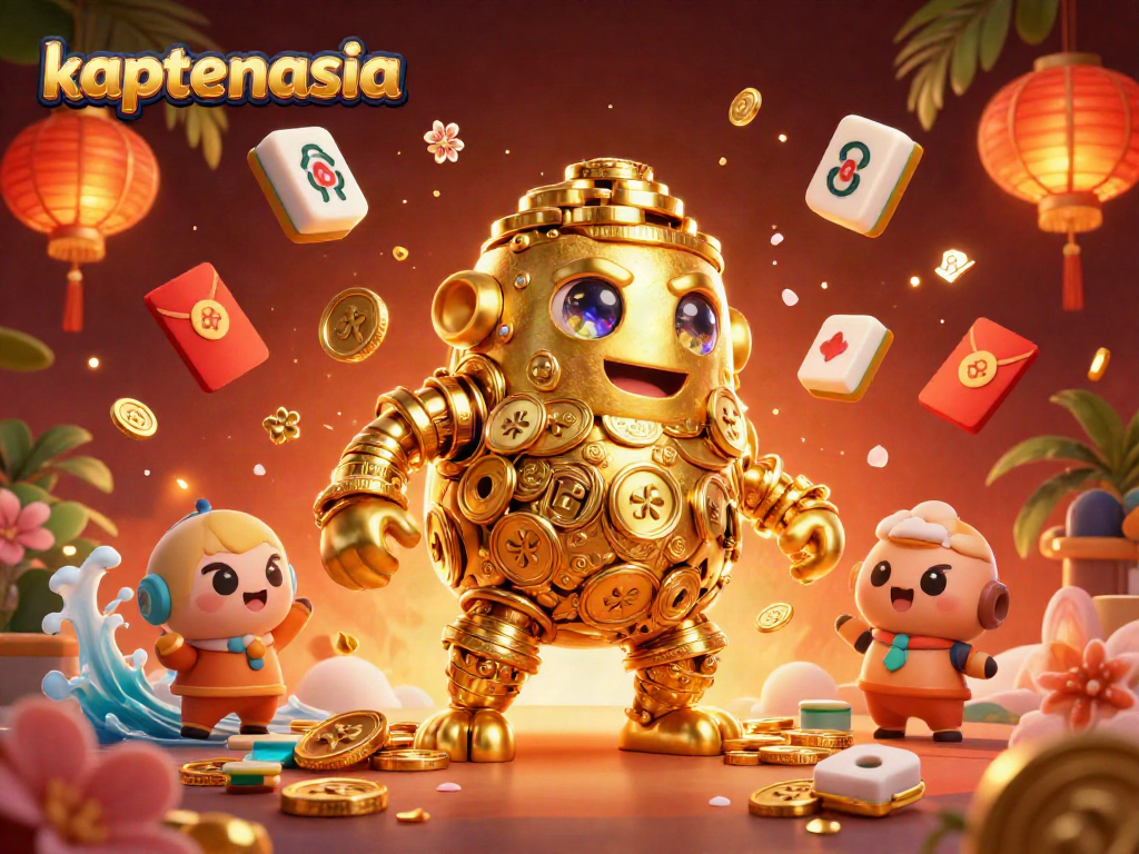 Gambarkan pengalaman bermain di kaptenasia dengan golem emas, simbol mesin slot, dan elemen judi menarik.
