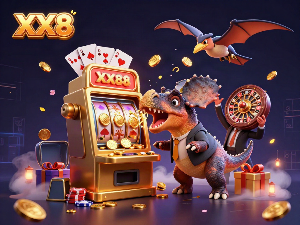 XX8 depicts a pachycephalosaurus hitting a slot machine as coins rain down in a vibrant casino scene.