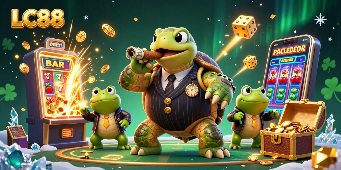 LC88 showcases a vibrant casino scene featuring a cartoon turtle and bullfrogs surrounded by jackpots.