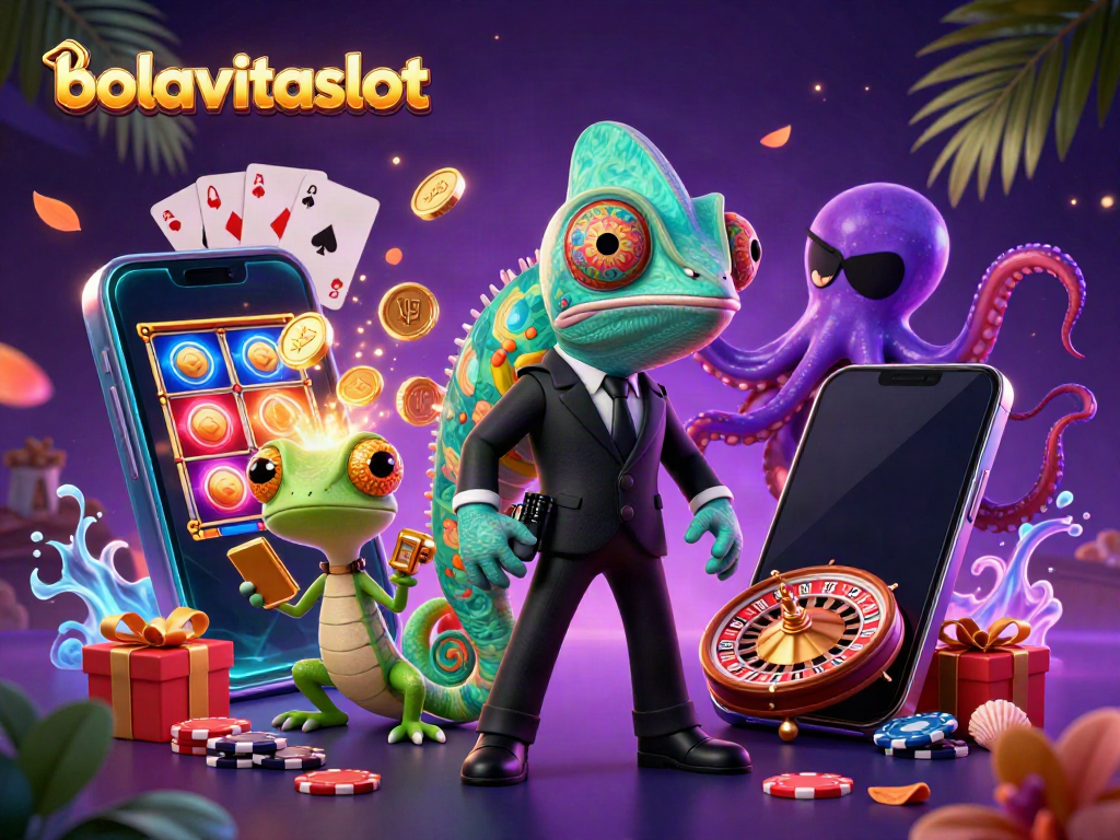 Engage with bolavitaslot's dynamic scene featuring characters in a vibrant casino atmosphere, showcasing popular games and exciting features.