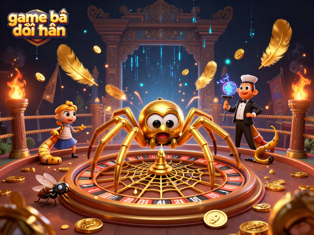 Experience game bài đổi thưởng with a golden spider croupier and a betting fly in action.