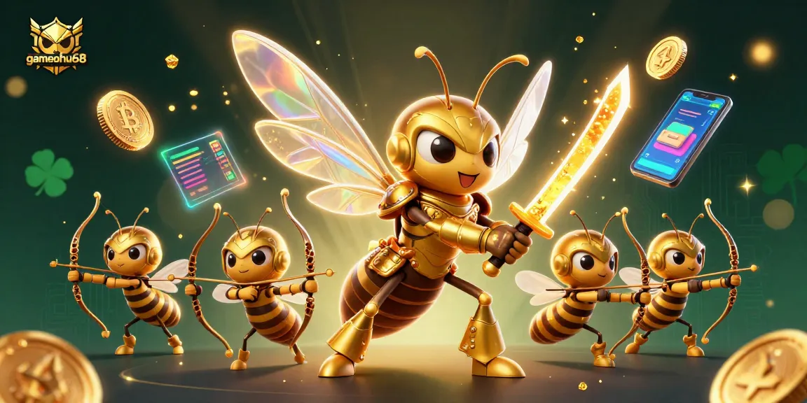 Engage with gamenohu68’s vibrant 3D illustration showcasing samurai hornet and bee archers amidst crypto casino elements.
