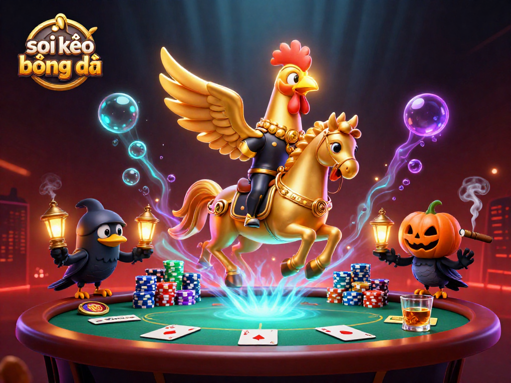 Engage with soi kèo bóng đá in this vibrant casino scene featuring a golden rooster and crow companions.