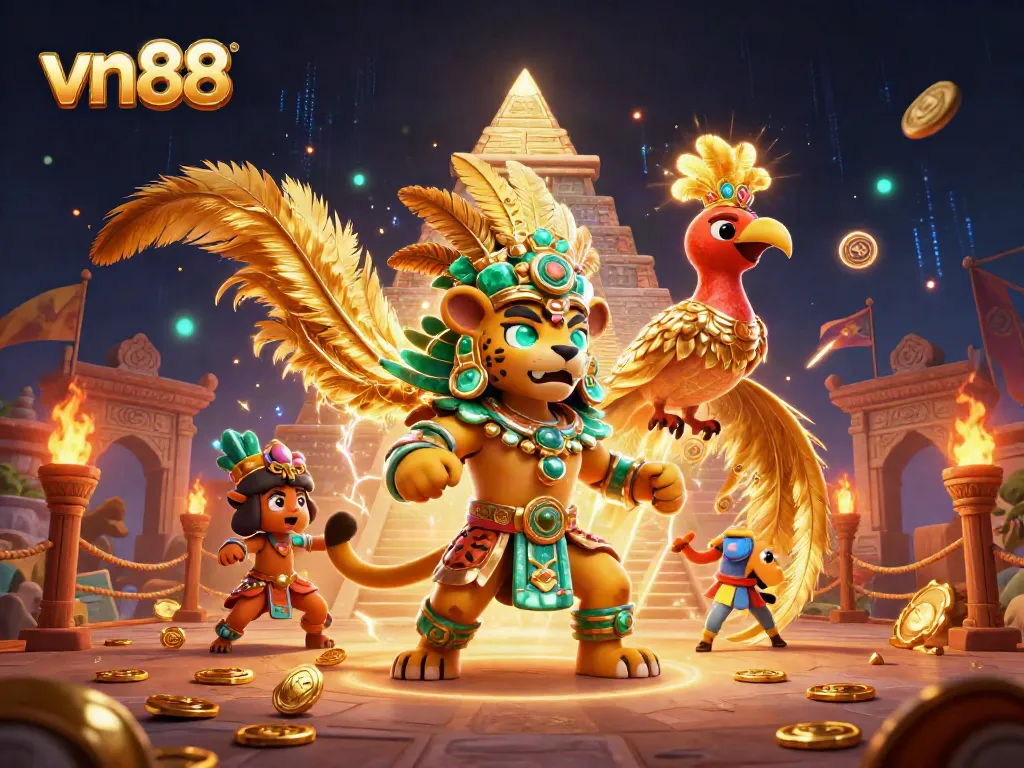 Experience the excitement of vn88 with a vibrant casino scene featuring a Mayan jaguar priest and golden elements.