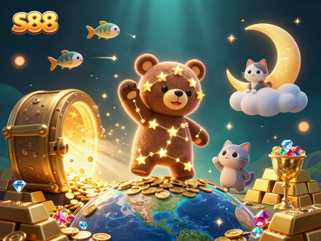 s88 players enjoy the thrill of winning as golden coins rain from the stars in a vibrant casino scene.
