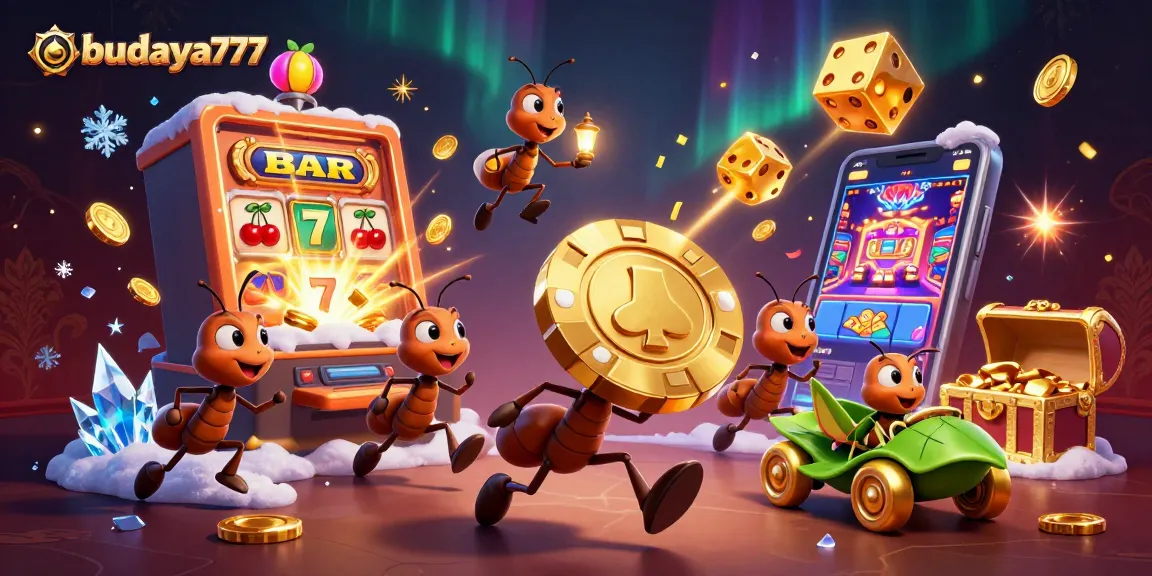 Budaya777: Tim semut menggenggam chip poker emas di sebuah kasino dengan gemerlap dan efek berwarna.