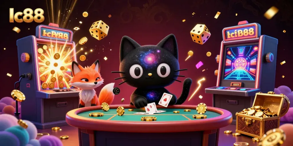 Experience thrilling gameplay at lc88 with vibrant slots and cosmic charm in this captivating casino scene.