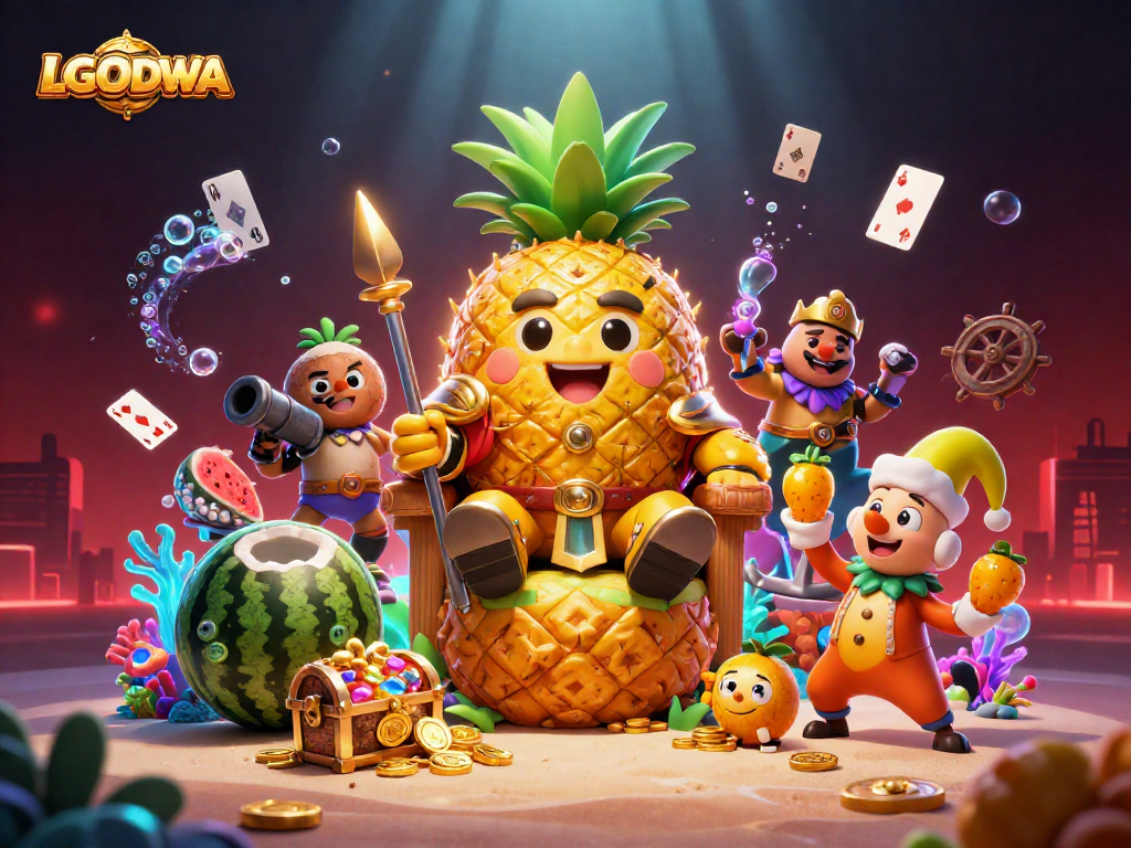 Engage with LGODEWA's vibrant beach casino scene featuring a pineapple king amidst gold and colorful gems.